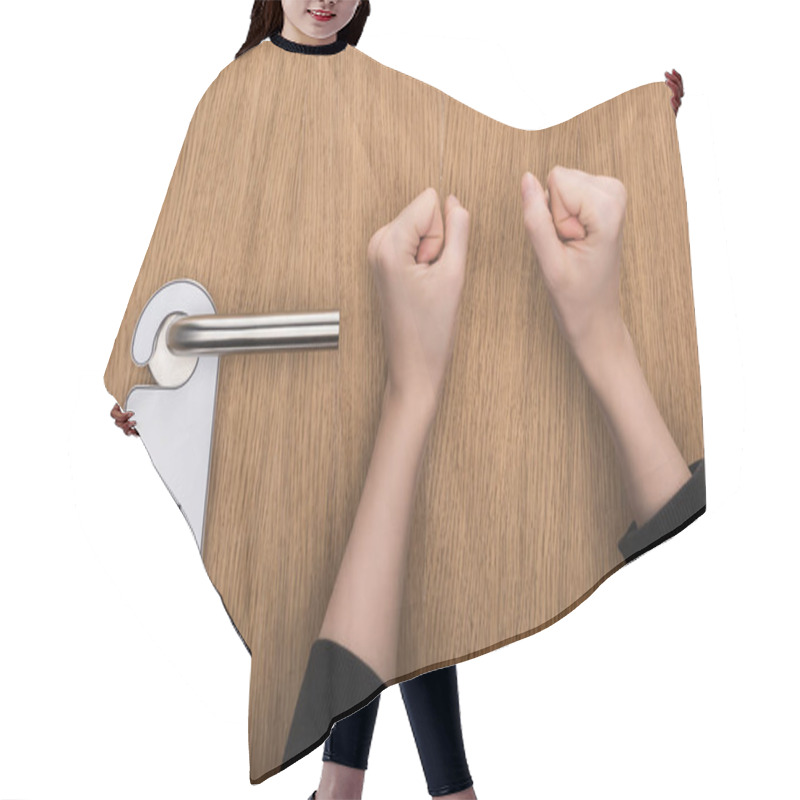 Personality  Cropped View Of Woman Knocking At Door With Do No Disturb Sign  Hair Cutting Cape