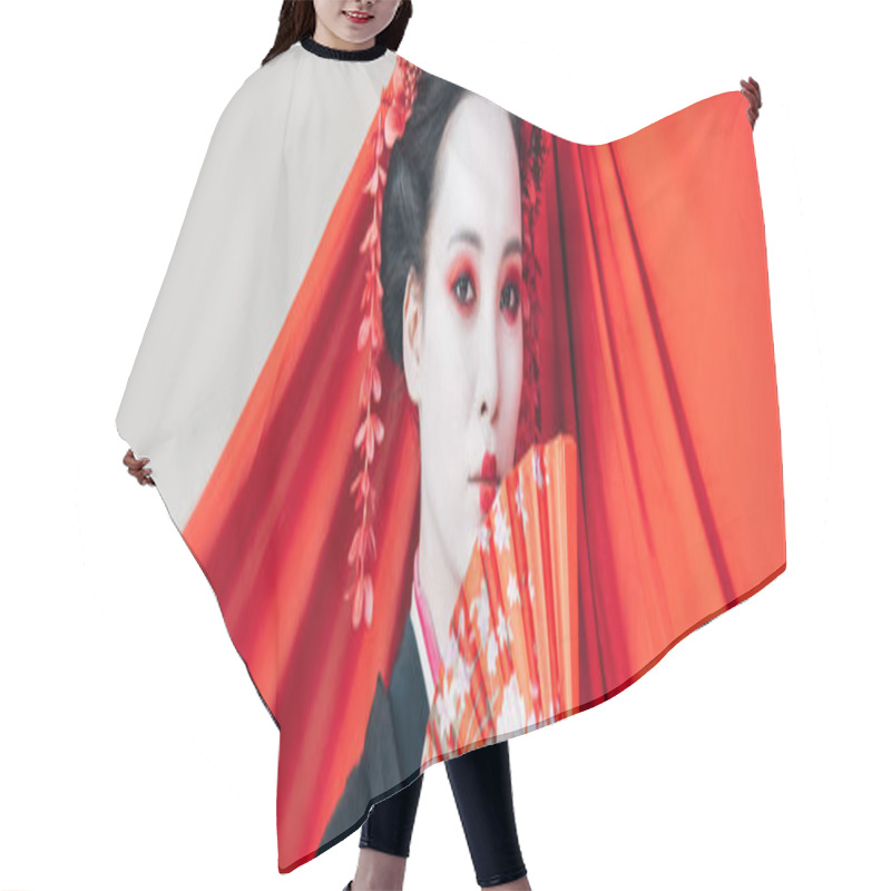 Personality  Beautiful Geisha In Black Kimono With Hand Fan And Red Cloth On Background Isolated On White, Panoramic Shot Hair Cutting Cape