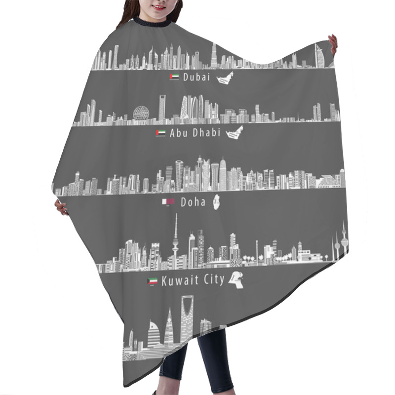 Personality  Abstract Vector Illustrations Of Dubai, Abu Dhabi, Doha, Riyadh And Kuwait City Skylines At Night In Grey Scales Color Palette With Flags And Maps Of UAE, Qatar, Kuwait And Saudi Arabia Hair Cutting Cape