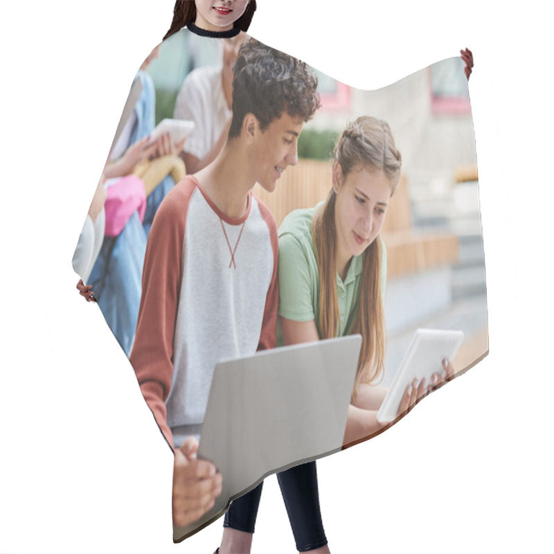 Personality  Back To School, Teen Girl Showing Digital Tablet To Happy Boy, Diversity, Teacher And Students, Blur Hair Cutting Cape