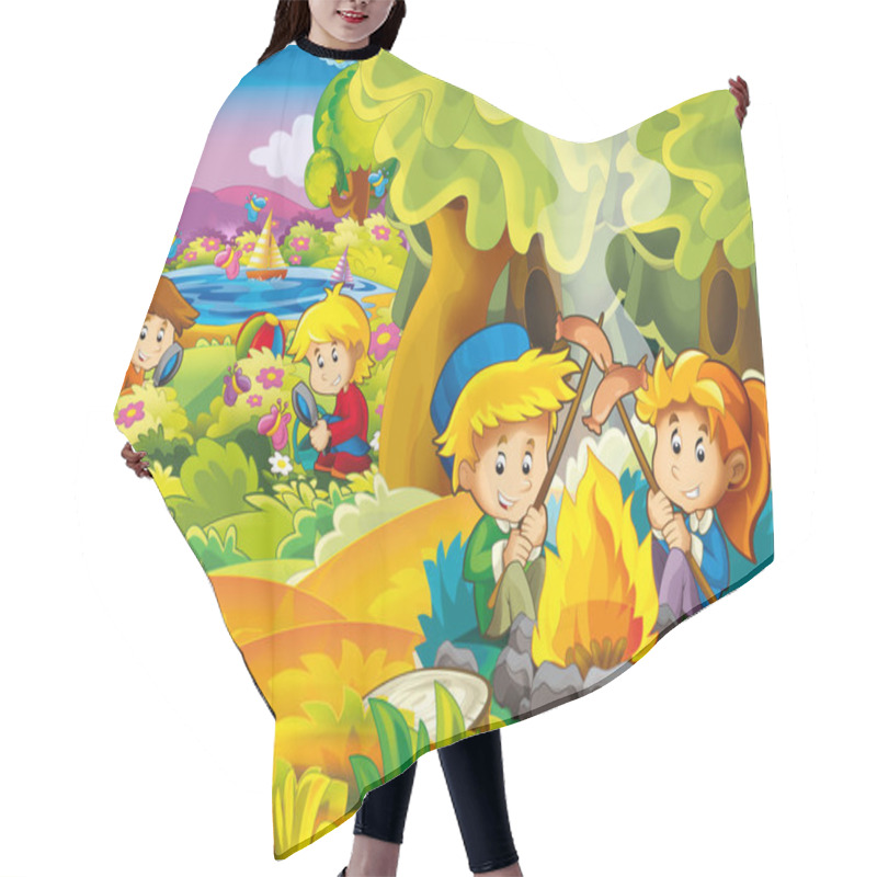 Personality  Cartoon Autumn Nature Background With Kids Having Fun By The Lake Camping And Grilling - Illustration For Children Hair Cutting Cape