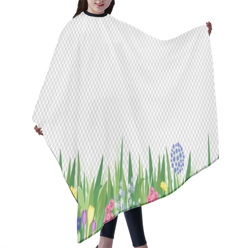 Personality  Spring Garden Grass And Flowers Border. Cartoon Vector Flower Background. Green Elements On Transparent Background Hair Cutting Cape