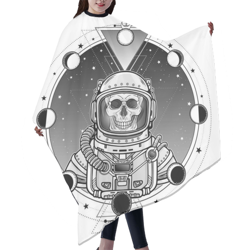 Personality  Animation Portrait Of The Astronaut Skeleton  In A Space Suit. Background - The Star Sky, Phases Of The Moon. Sacred Geometry. Vector Illustration Isolated.  Print, Poster, T-shirt, Card. Hair Cutting Cape