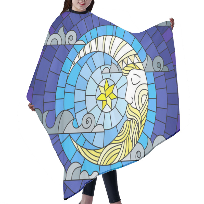 Personality  Illustration In Stained Glass Style With Moon On Cloudy Sky Background, Horizontal Orientation Hair Cutting Cape