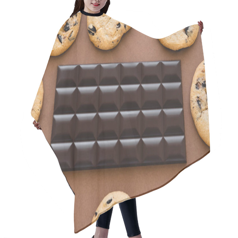 Personality  Top View Of Chocolate Bar In Frame From Cookies On Brown Background  Hair Cutting Cape