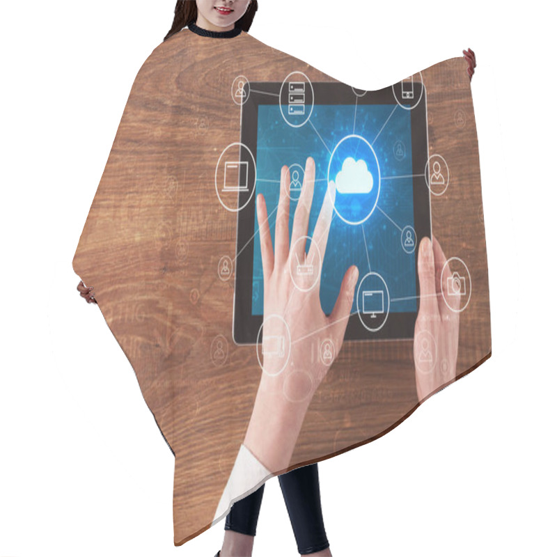 Personality  Hand Using Tablet With Centralized Cloud Computing System Concept Hair Cutting Cape