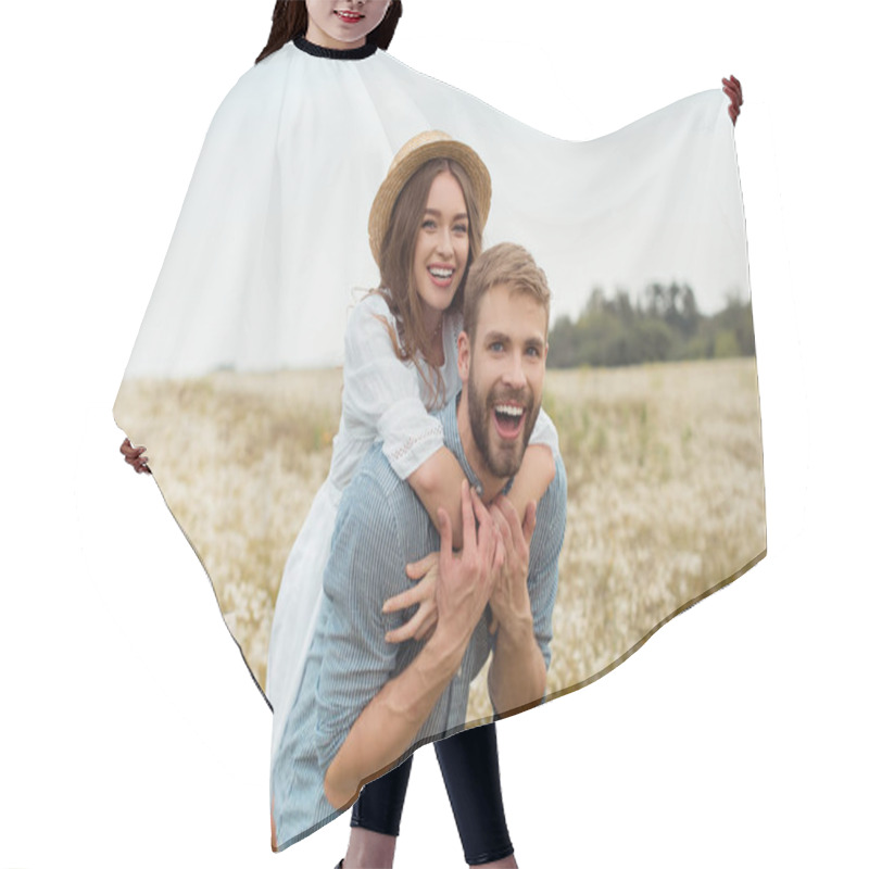 Personality  Happy Lovers Piggybacking Together In Meadow With Wild Flowers Hair Cutting Cape