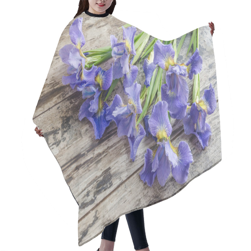 Personality  Bouquet Blueflag Or Iris Flower On Wooden Background Hair Cutting Cape