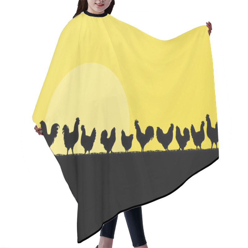 Personality  Farm Chickens And Roosters Silhouettes In Countryside Landscape Hair Cutting Cape