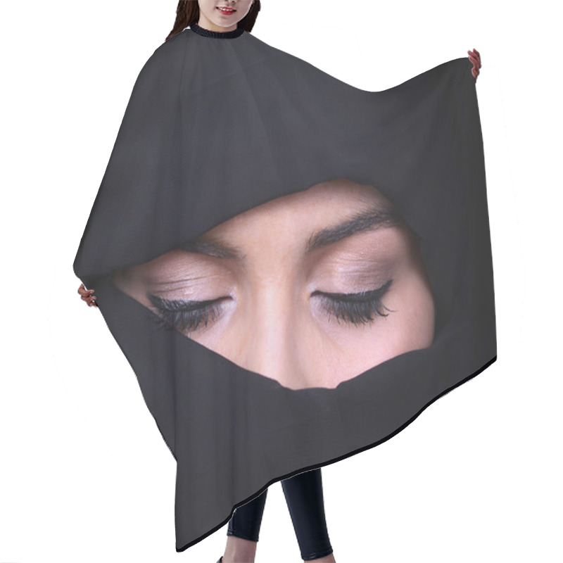 Personality  Portrait Of Beautiful Arab Woman Wearing Black Scarf Hair Cutting Cape