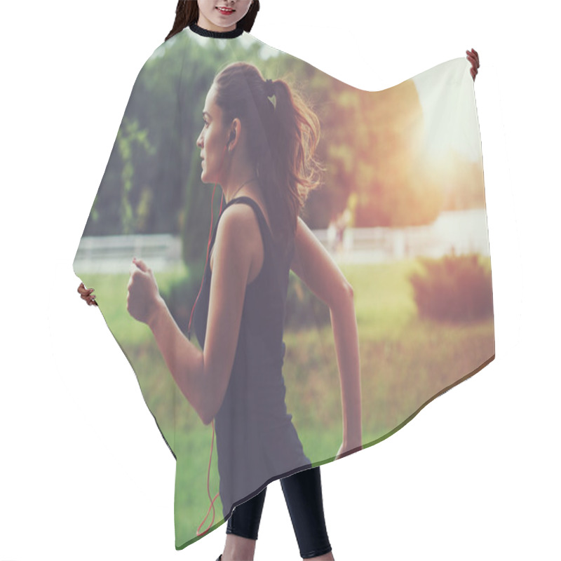 Personality  Pretty Sporty Woman Jogging At Park In Sunrise Light Hair Cutting Cape