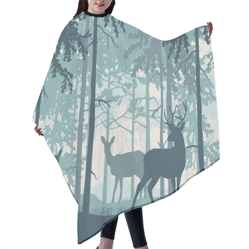 Personality  Deer With Doe And Fawn In Magic Misty Forest. Silhouettes Of Trees And Animals. Blue Background, Illustration. Hair Cutting Cape