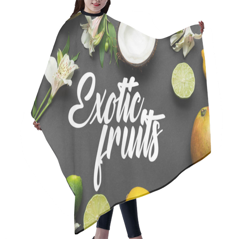 Personality  Top View Of Ripe Tropical Fruits With Alstroemeria Flowers On Black Background With Exotic Fruits Illustration Hair Cutting Cape