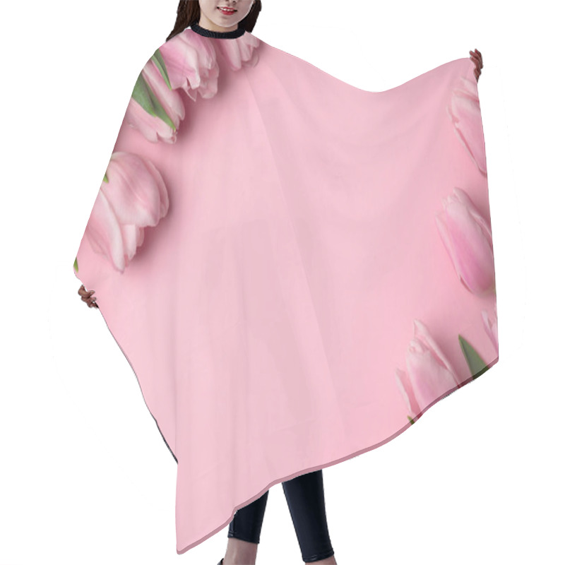 Personality  Beautiful Spring Tulips On Light Pink Background, Flat Lay. Spac Hair Cutting Cape