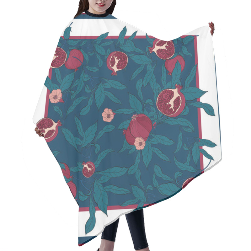 Personality  Silk Scarf With Pomegranate Branch With Fruits And Flowers. Hair Cutting Cape