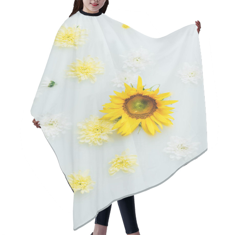 Personality  Top View Of Yellow Sunflower And Chrysanthemum Flowers In Milk Hair Cutting Cape