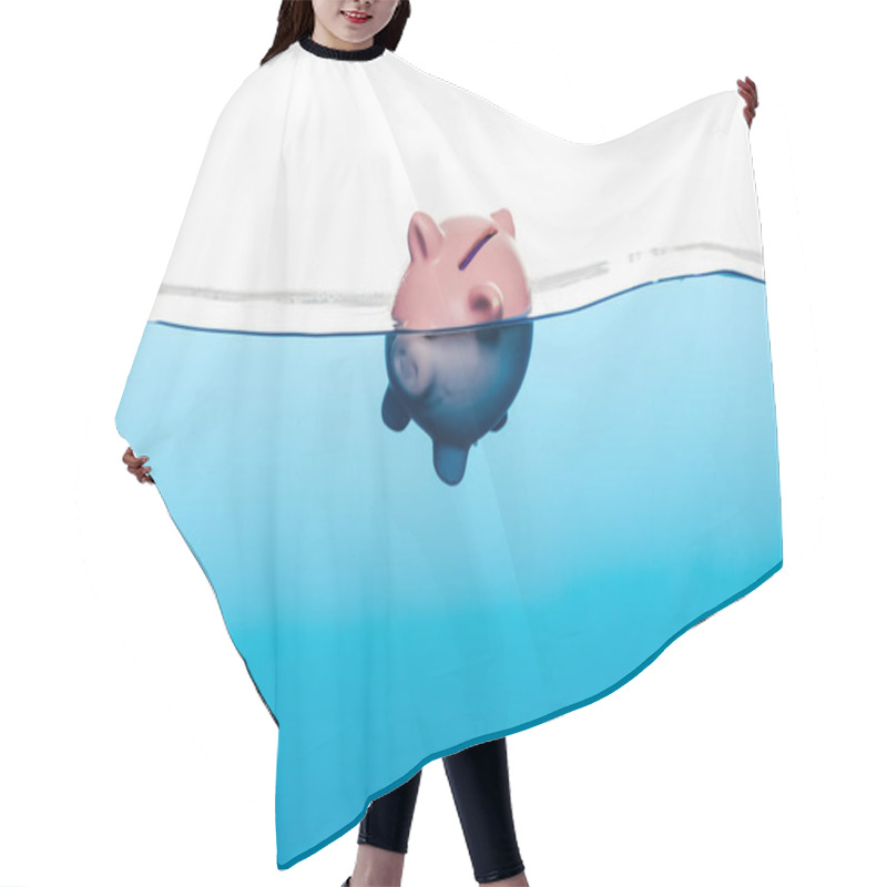 Personality  Piggy Bank Going Under Blue Water Isolated On White, Coronavirus Crisis Concept Hair Cutting Cape