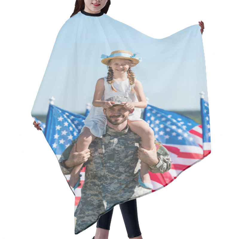 Personality  Handsome Man Holding On Shoulders Happy Daughter In Straw Hat Near American Flags  Hair Cutting Cape