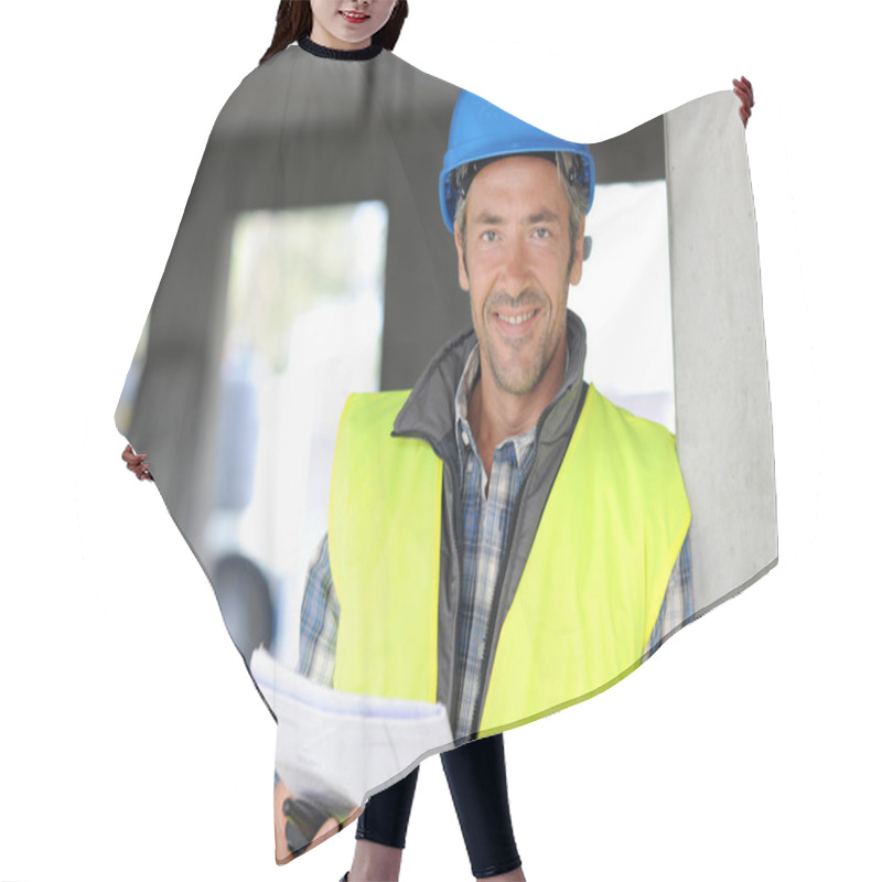 Personality  Smiling Construction Manager Standing On Building Site Hair Cutting Cape