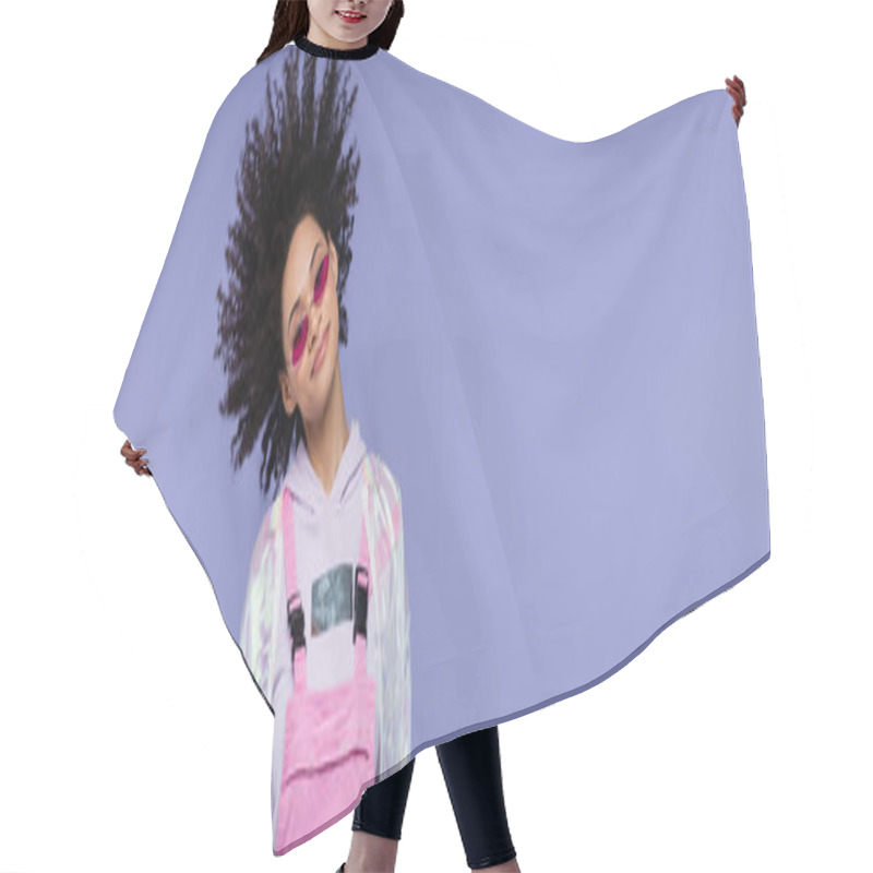 Personality  Cheerful African American Woman In Pink Sunglasses Shaking Head Isolated On Purple, Banner Hair Cutting Cape