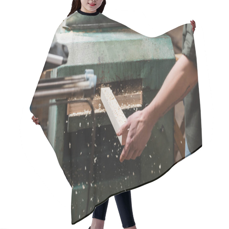 Personality  Partial View Of Woodworker Sawing Plank In Thickness Planer Hair Cutting Cape