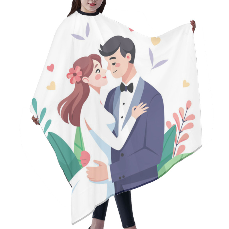 Personality  Cute Newlywed Couple In Love Floral Wedding Illustration In Flat Style Hair Cutting Cape