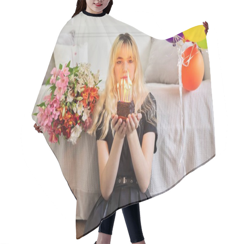 Personality  Birthday Of Female Teenager, Girl With Cake And Festive Candles Hair Cutting Cape