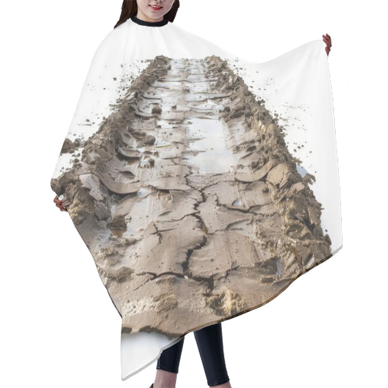 Personality  Close-up Of Muddy Tire Tracks On A Raw Construction Site, Showcasing Wet Soil And Deep Tread Patterns. Hair Cutting Cape