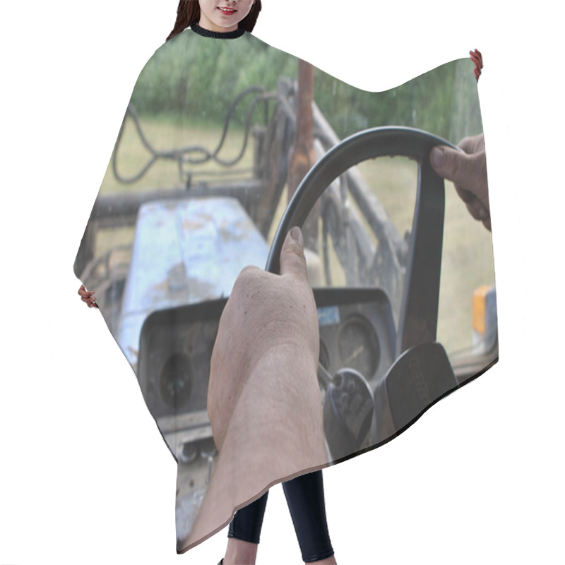 Personality  Closeup Of  Hand Farmer Tractor-driver On Tractor Steering Wheel Hair Cutting Cape