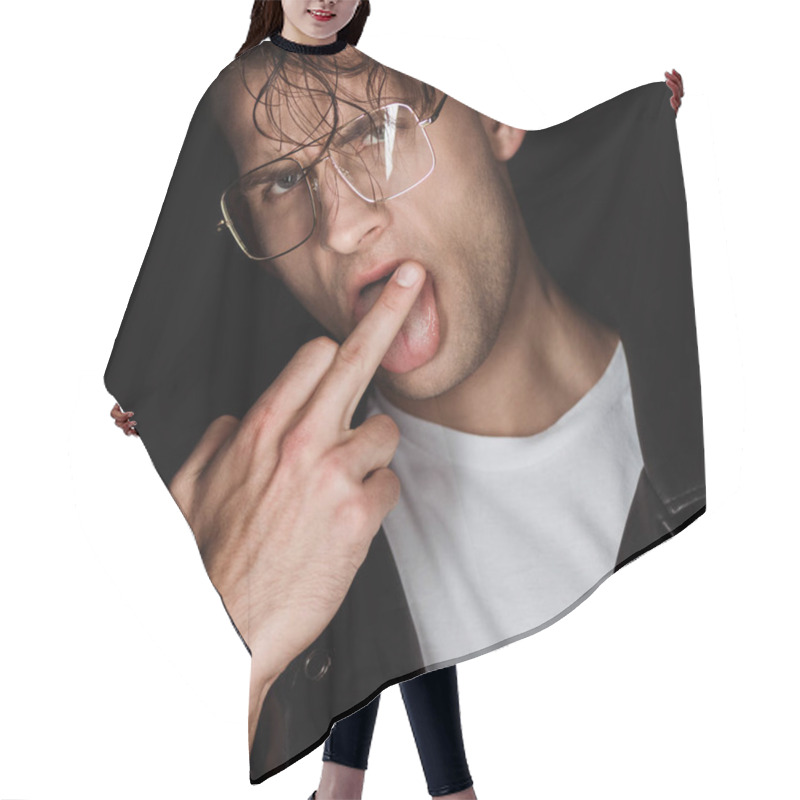 Personality  Brutal Man In Glasses Showing Middle Finger Isolated On Black  Hair Cutting Cape