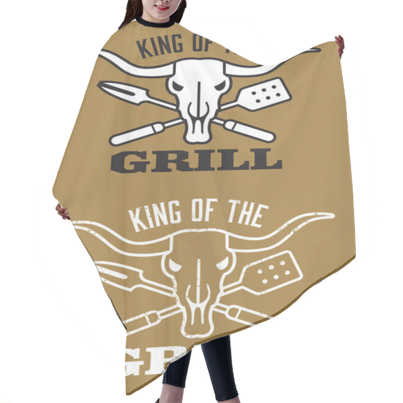 Personality  King Of The Grill Barbecue Vector Image With Cow Skull And Crossed Utensils. Hair Cutting Cape