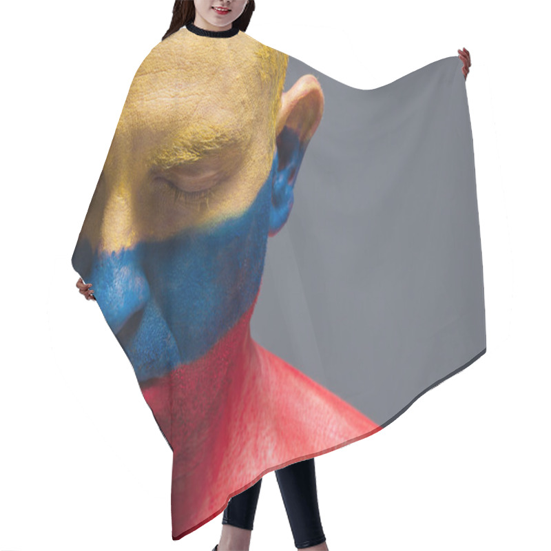 Personality  Man And His Face Painted With The Flag Of Colombia. Hair Cutting Cape