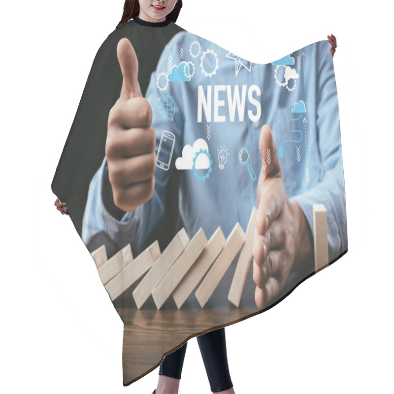 Personality  Partial View Of Man Showing Thumb Up Sign While Preventing Wooden Blocks From Falling With Word And Icons On Foreground Hair Cutting Cape