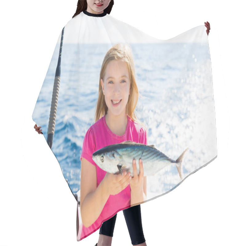 Personality  Blond Kid Girl Fishing Tuna Bonito Sarda Fish Happy Catch Hair Cutting Cape