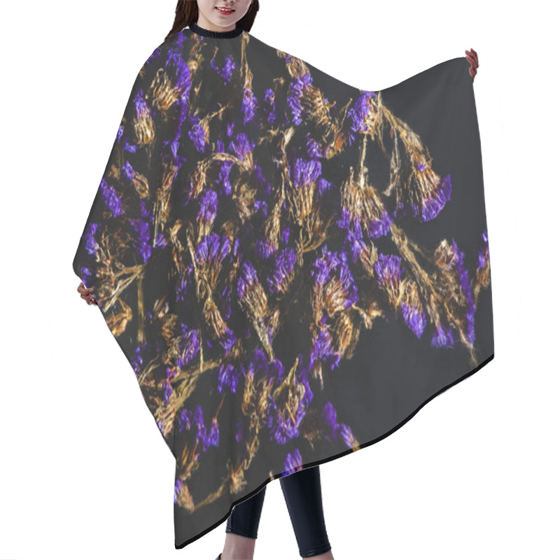 Personality  Top View Of Beautiful Blue Wildflowers On Black Background  Hair Cutting Cape