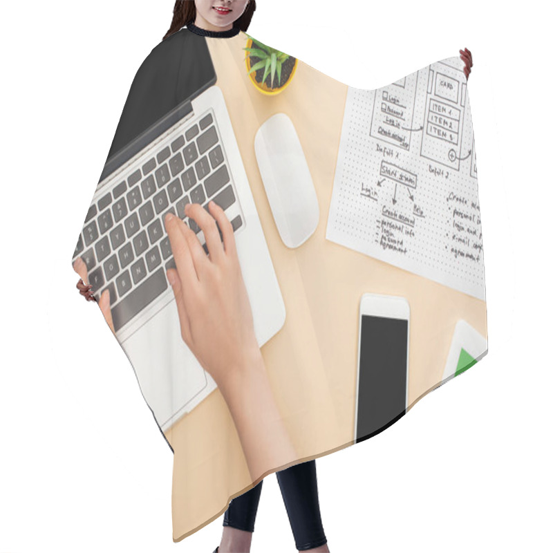 Personality  Cropped View Of Designer Using Laptop Near Gadgets, Website Design Template And Green Plant On Beige Background Hair Cutting Cape