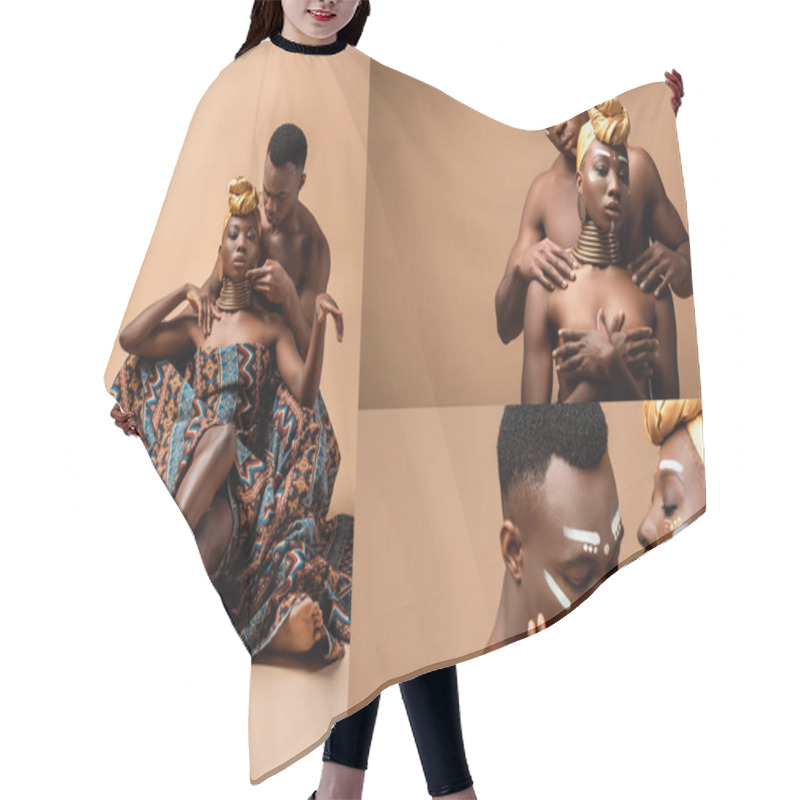 Personality  Collage Of Naked Tribal Afro Couple Posing On Beige Background Hair Cutting Cape