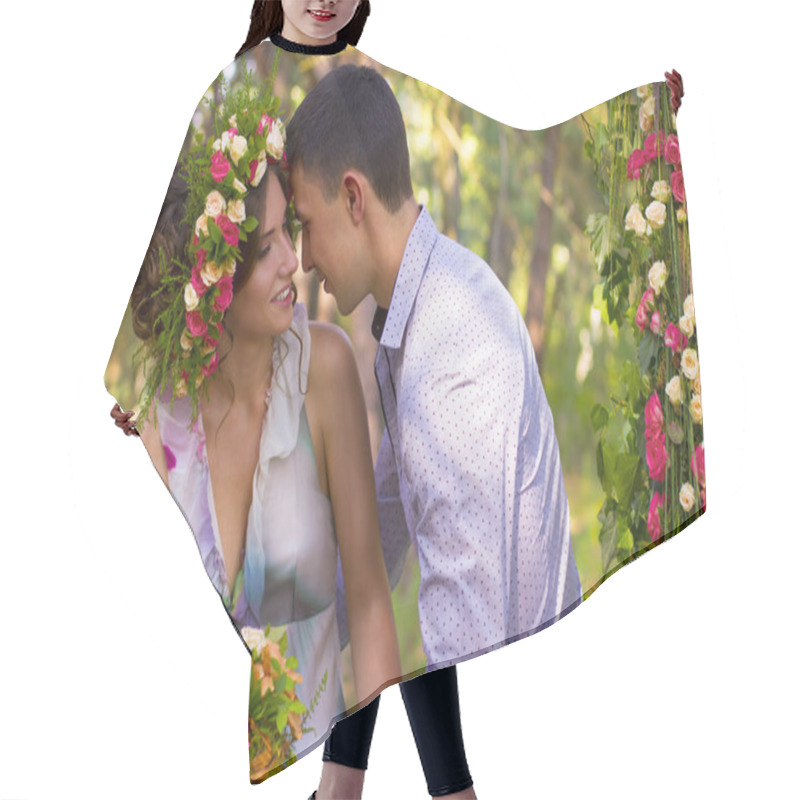 Personality  Beautiful Couple In Park. Hair Cutting Cape