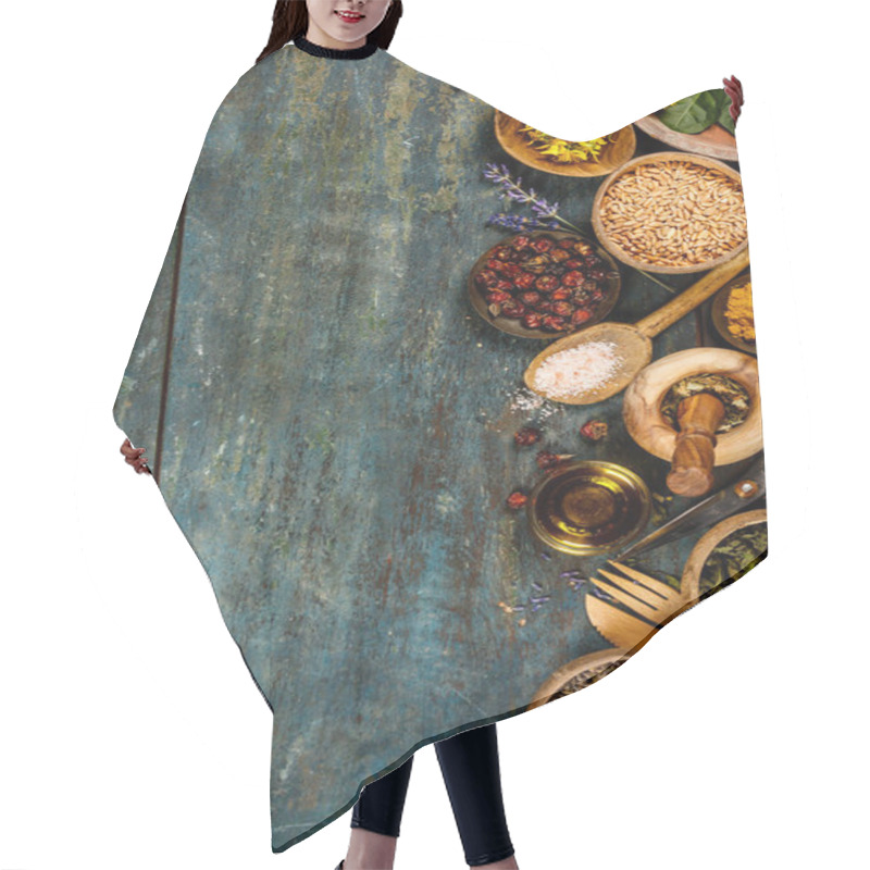 Personality  Flat Lay Of Wild Healing Herbs Hair Cutting Cape