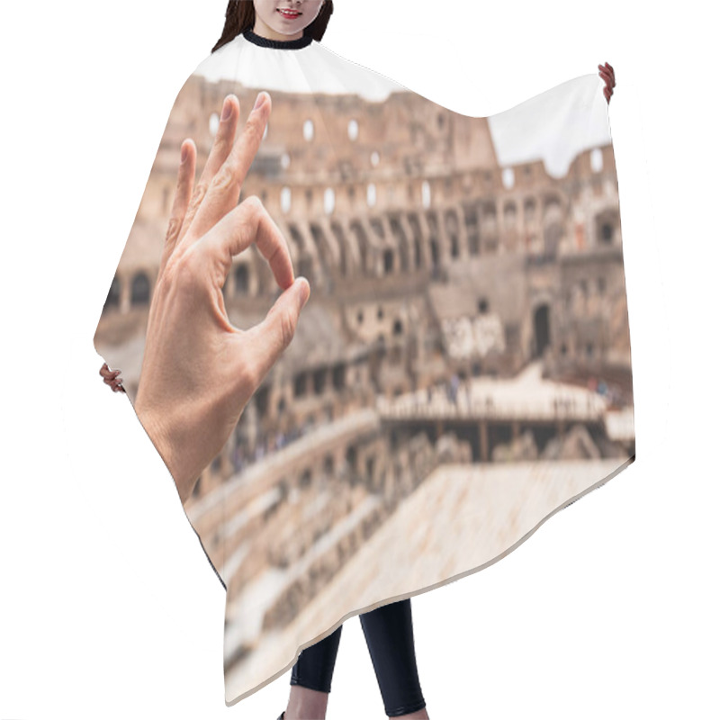 Personality  ROME, ITALY - JUNE 28, 2019: Cropped View Of Man Showing Okay Sign In Front Of Colosseum Hair Cutting Cape