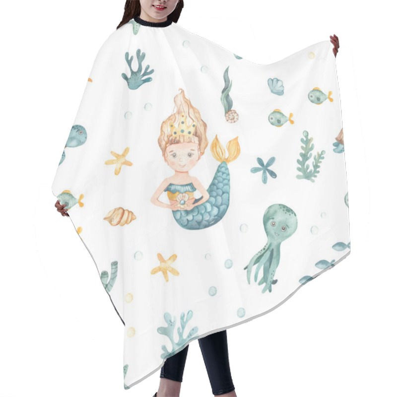 Personality  Cute Mermaid Girl With Fish, Shell, Fish, Starfish, Algae, Corals, Seashells Watercolor Seamless Pattern Hair Cutting Cape