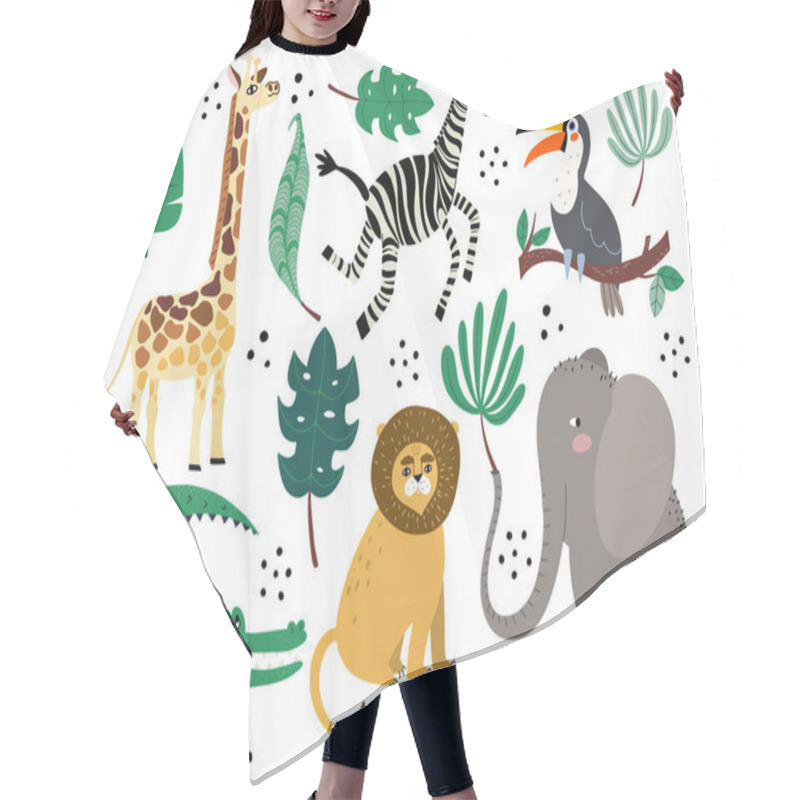 Personality  Cute African Animals With Palm Leaves Vector Set In Flat Doodle Style Hair Cutting Cape