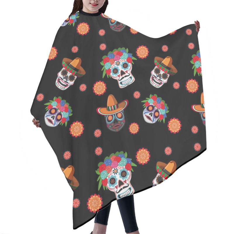 Personality  Vibrant Skulls And Flowers On Black Background Hair Cutting Cape