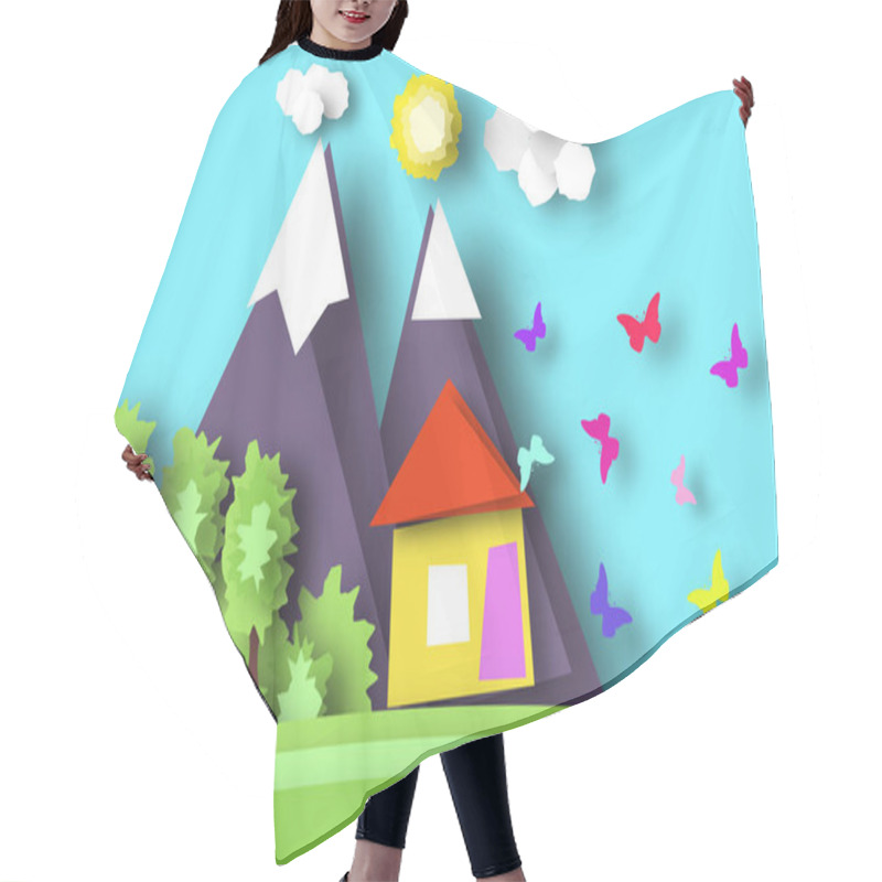 Personality  Village Scene Paper World. Rural Life With Cut Butterflies, House, Tree, Cloud, Sun. Colorful Crafted Nature. Summer Landscape. Cutout Applique. Hanging Elements. Vector Illustrations Art Design. Hair Cutting Cape