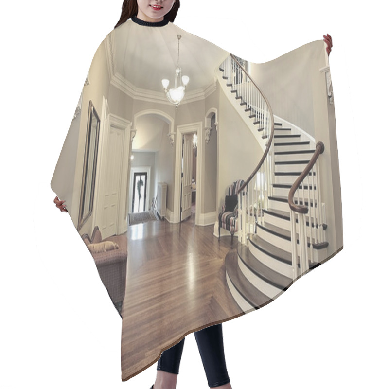 Personality  Foyer With Curved Staircase Hair Cutting Cape