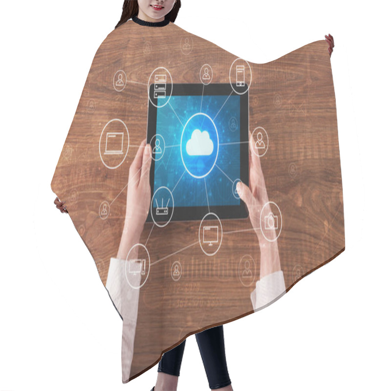 Personality  Hand Using Tablet With Centralized Cloud Computing System Concept Hair Cutting Cape