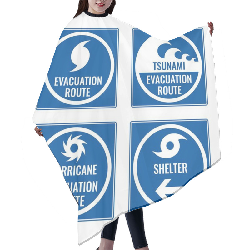 Personality  Evacuation Route And Shelter In Case Of Tsunami Or Hurricane Blue Square Signs. Emergency Or Natural Disaster Helpful Signboards Vector Illustrations Set. Hair Cutting Cape