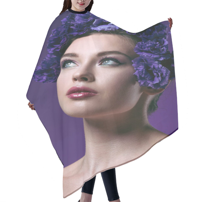 Personality  Close-up Portrait Of Attractive Young Woman With Eustoma Flowers Wreath On Head Looking Away Isolated On Purple Hair Cutting Cape