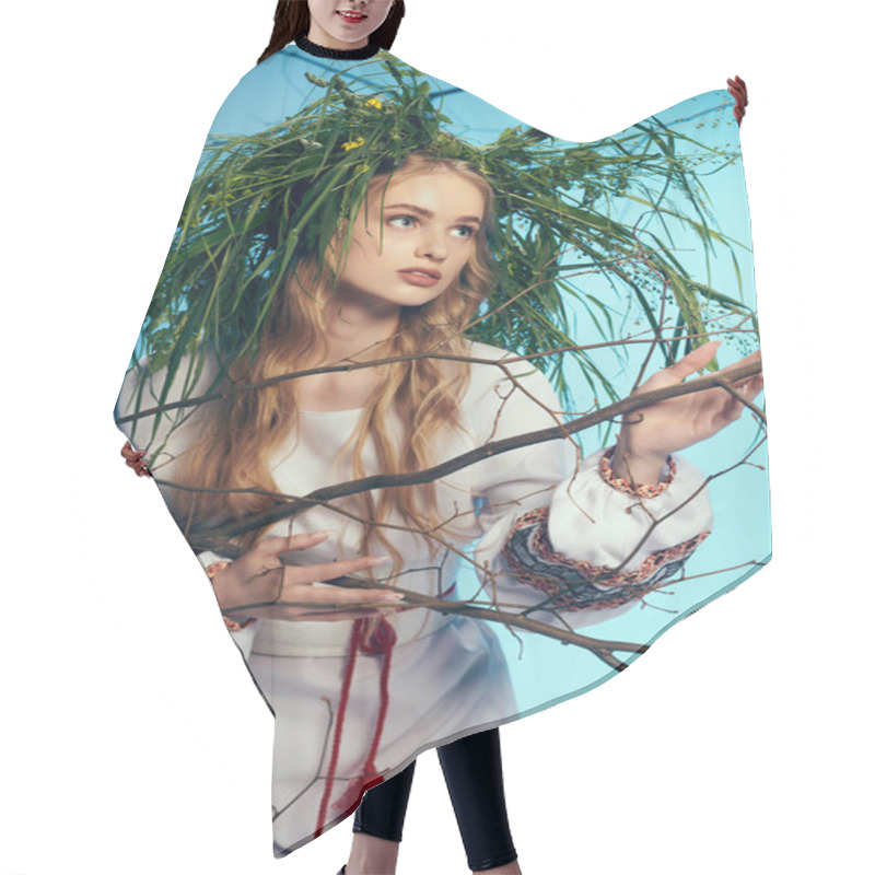 Personality  A Young Mavka In A White Dress Delicately Holds A Leafy Branch In A Whimsical Studio Setting. Hair Cutting Cape