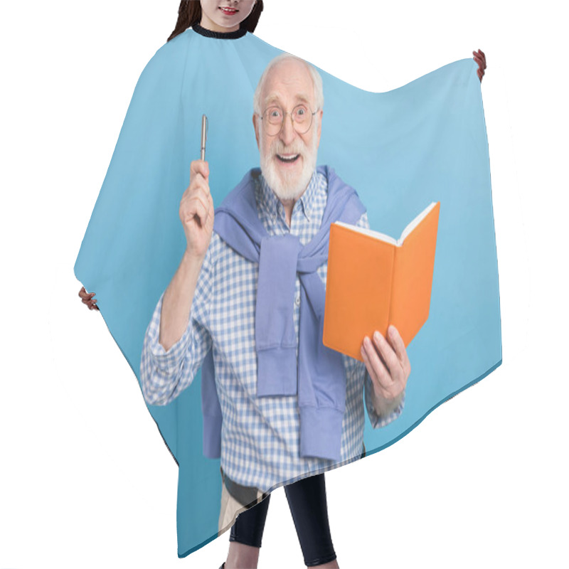 Personality  Photo Of Optimistic Old Grey Hairdo Man Hold Book Pen Wear Spectacles Blue Shirt Isolated On Pastel Color Background Hair Cutting Cape